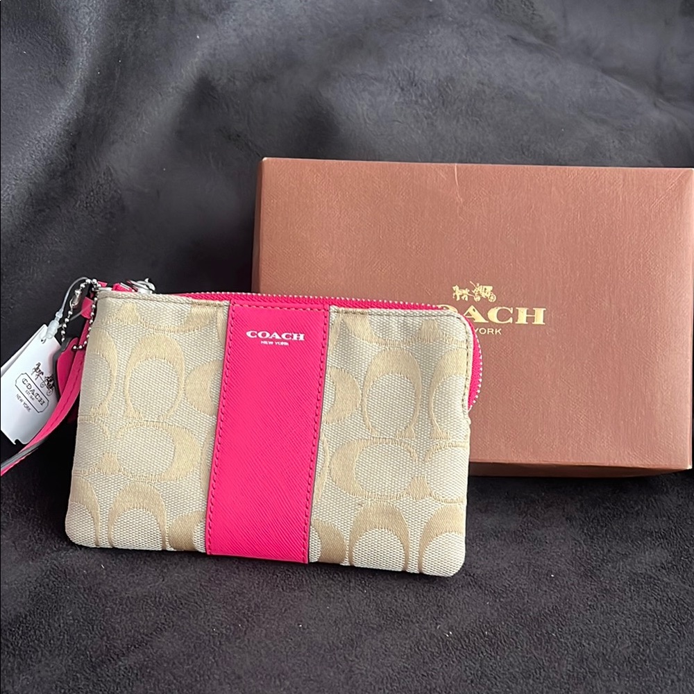 Coach Cream and Pink Wristlet with Signature Stripe